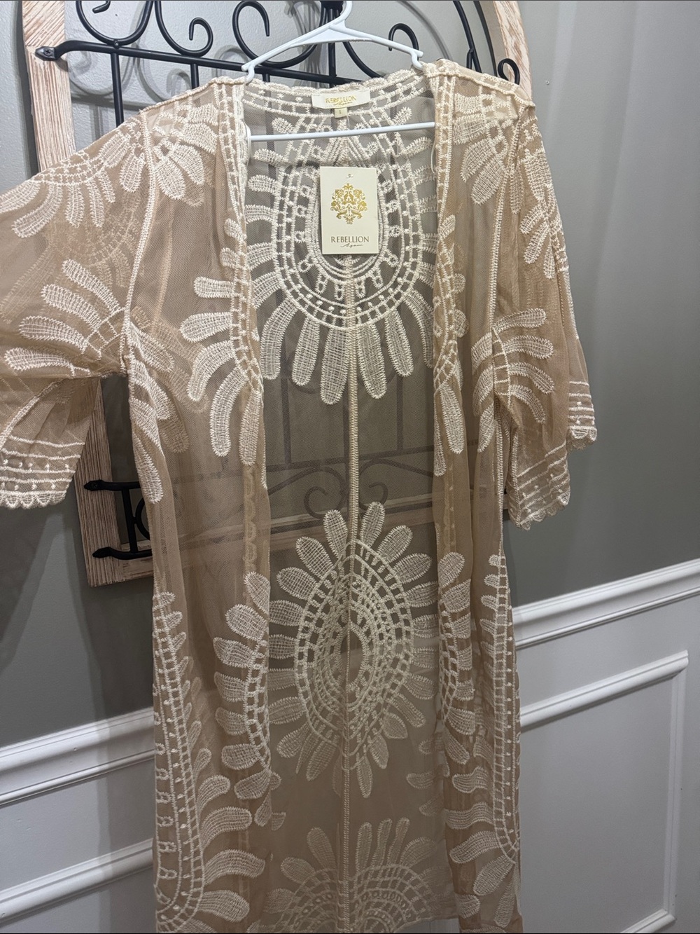 Rebellion Beige Sheer Embroidered Kimono lace duster L NWT mesh